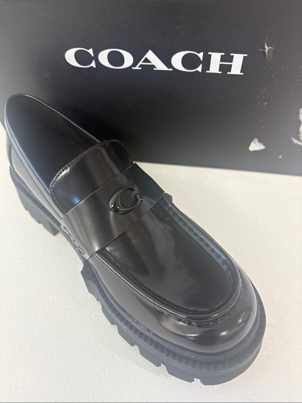Coach Men's Black Patent Leather Lug Sole Penny Loafers - Picture 2 of 2